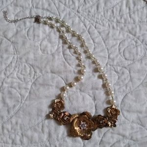 Pearl, gold, and rhinestone floral costume necklace
